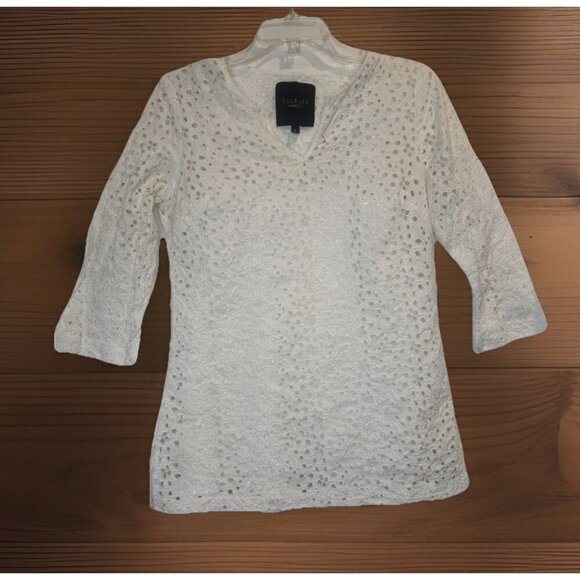 Talbots Women’s Cotton White Eyelet 3/4 Sleeve Lined V Neck Pullover Tunic Sz 8 - Picture 1 of 8